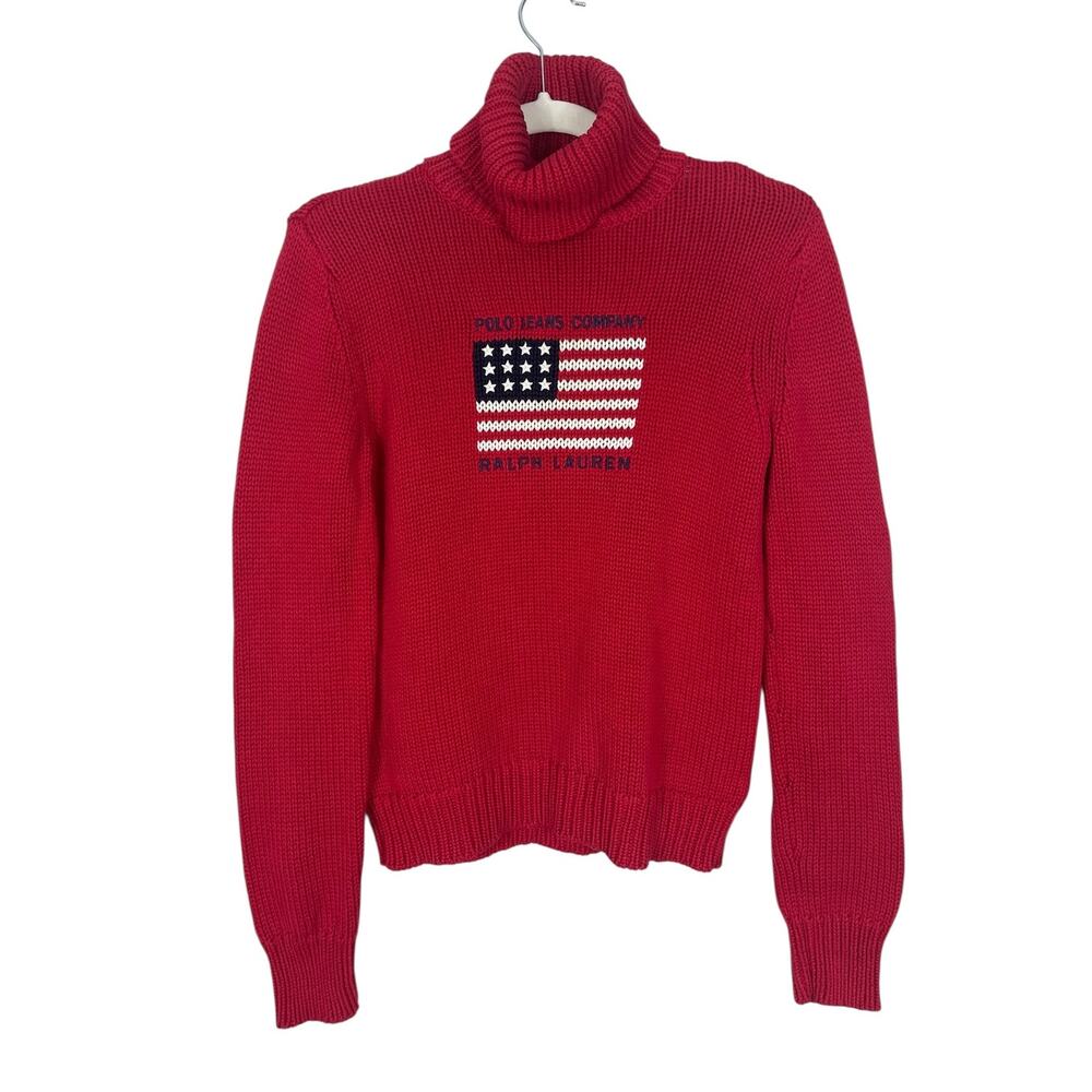Vintage Polo Jeans Co Ralph Lauren USA Flag Turtleneck Sweater Red Women's Med - Picture 1 of 6